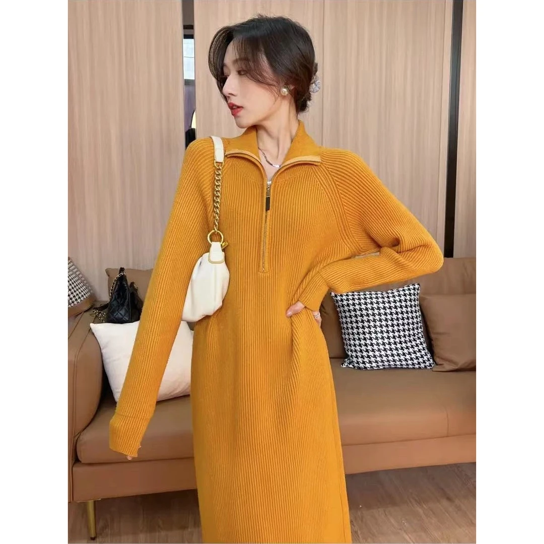 25秋季新款立领拉链针织裙女秋冬配大衣韩版宽松慵懒风毛衣女秋冬