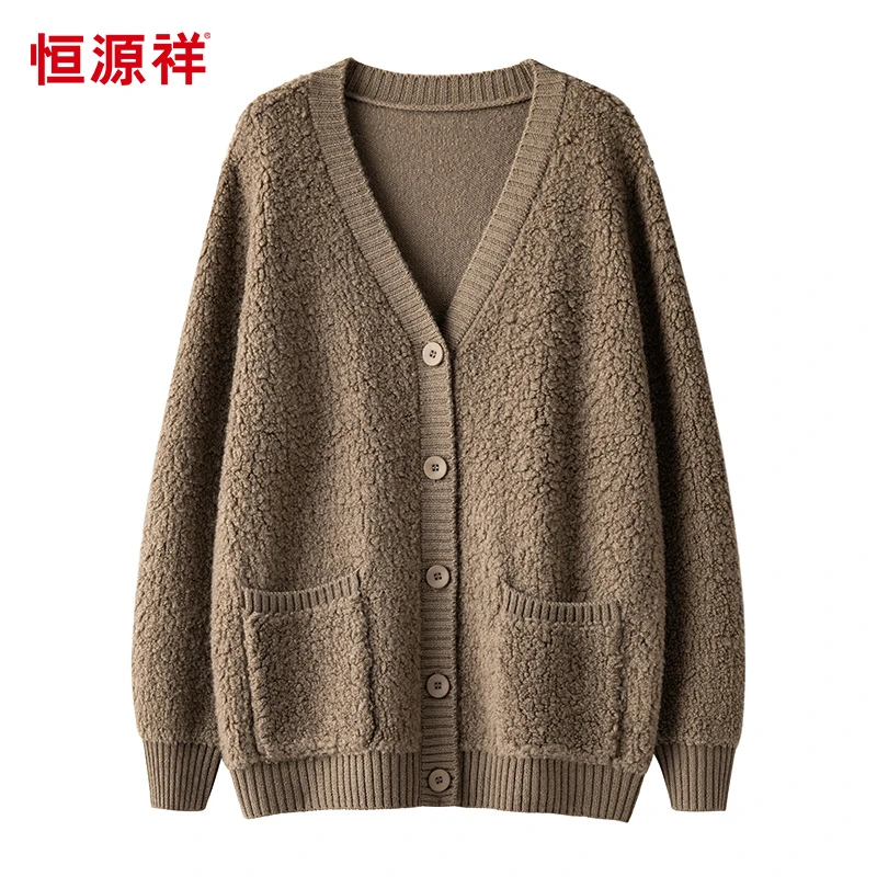 【100%羊毛】恒源祥粗针毛巾圈提花针织开衫女新款V领单排扣上衣