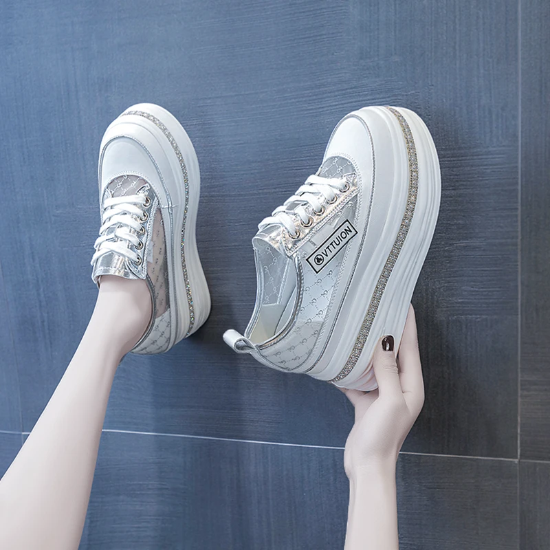 网面透气内增高8cm真皮小白鞋女单鞋子2024年春夏板鞋厚底8929-5