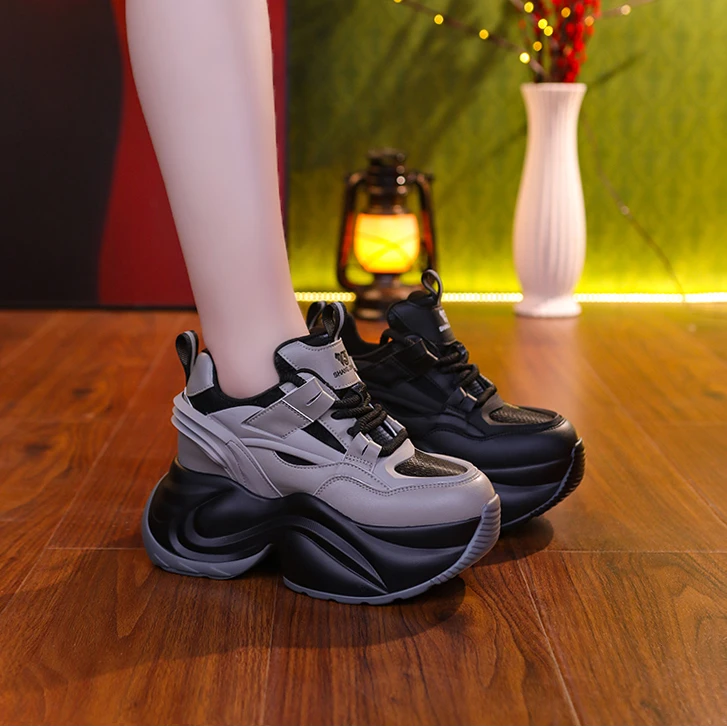 牛皮增高9cm老爹鞋女小白鞋秋冬保暖运动休闲厚底松糕8889-15
