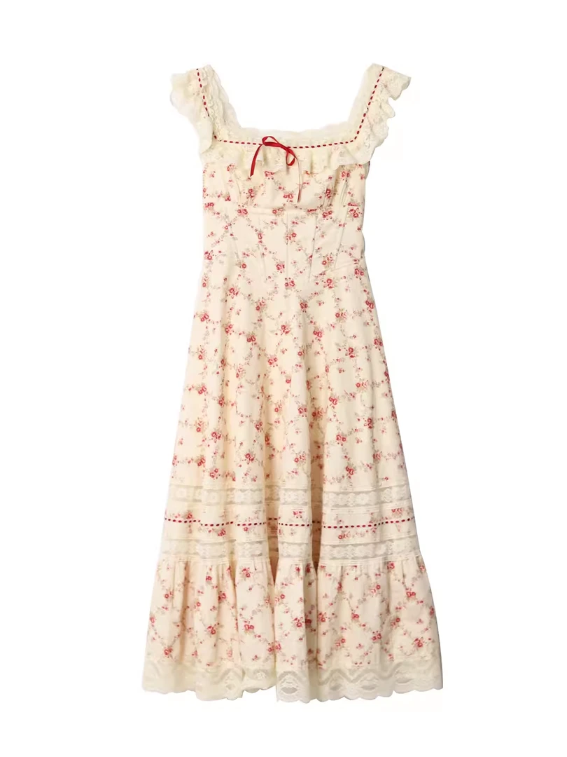 LAOXIAO服饰 碎花复古法式收腰吊带连衣裙系带 蕾丝公主裙夏182