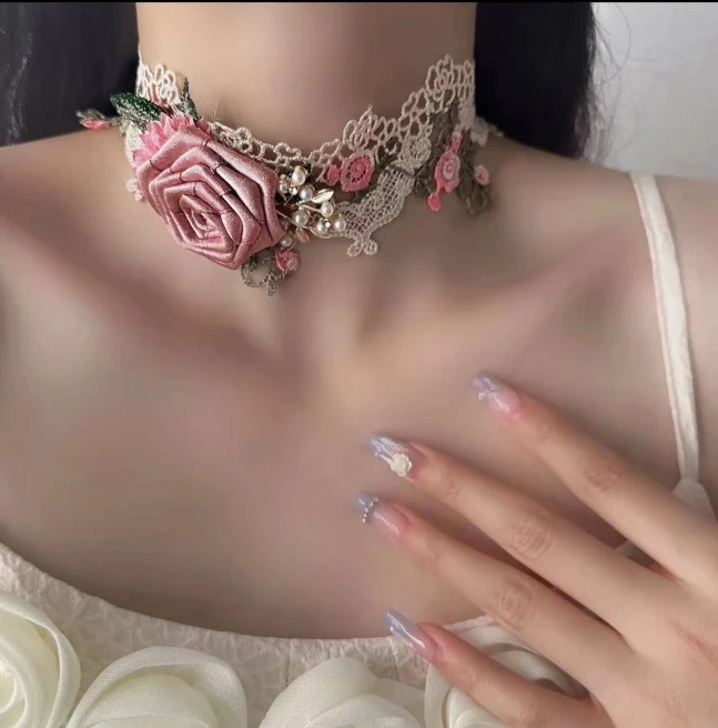 非金属布艺项链 蕾丝花朵项链