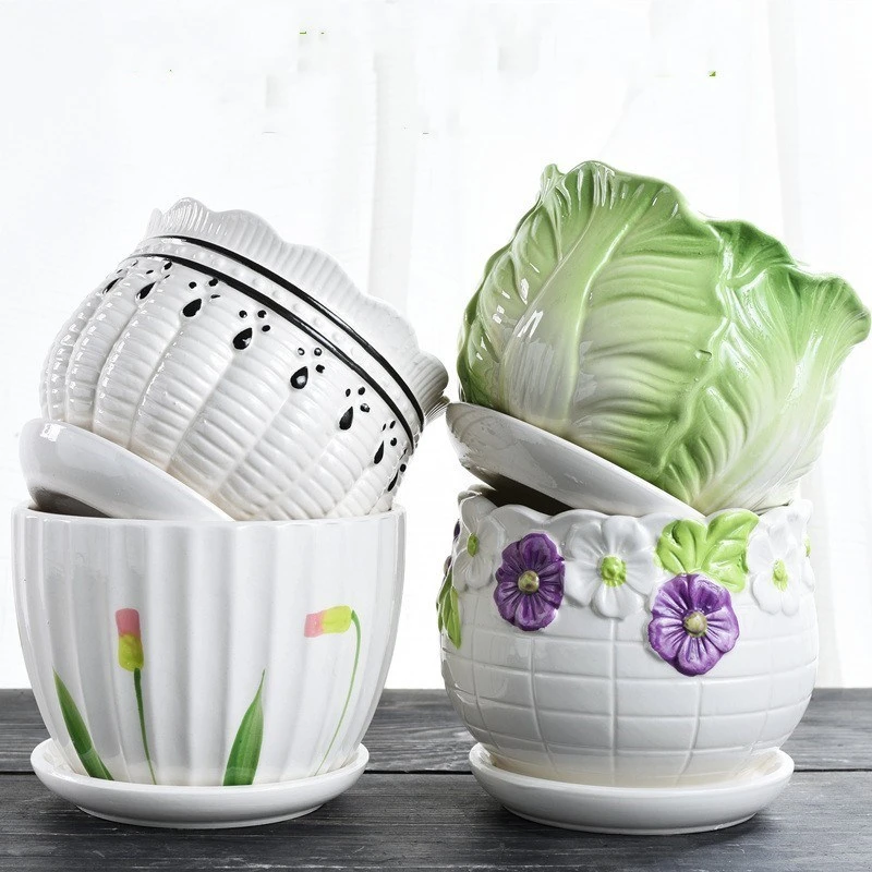 花盆陶瓷带托盘大号创意个性蝴蝶兰吊兰绿萝盆景盆栽多肉花盆家用