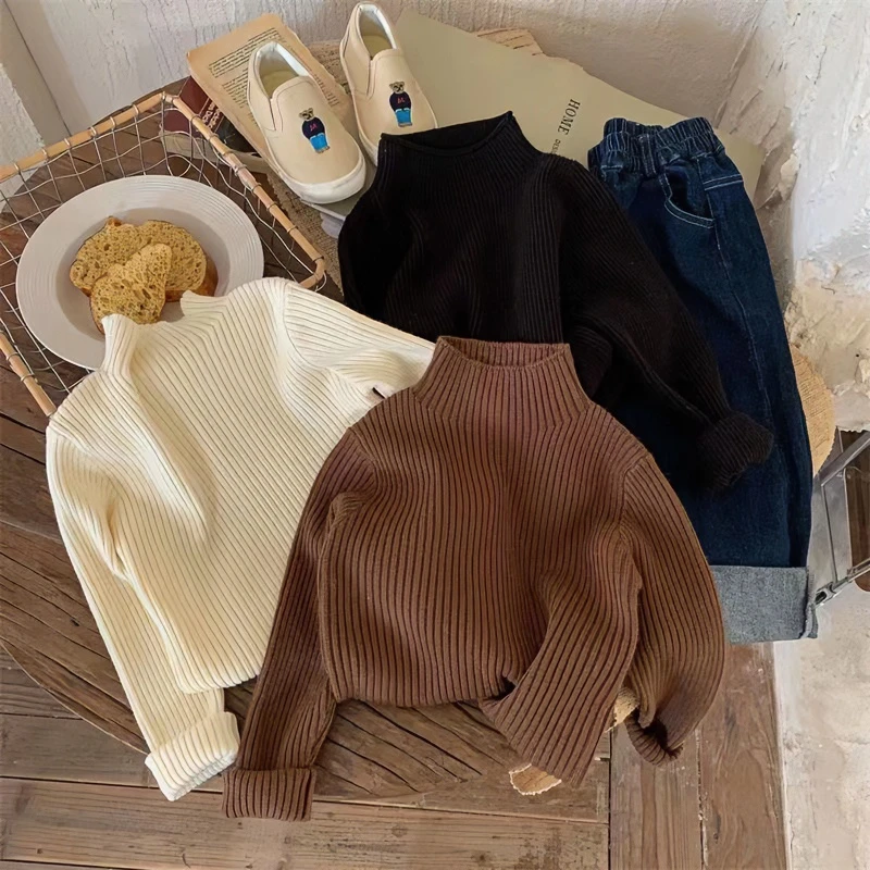 韩版春秋款儿童坑条纹弹力保暖半高领毛衣宝宝纯色打底套头上衣冬