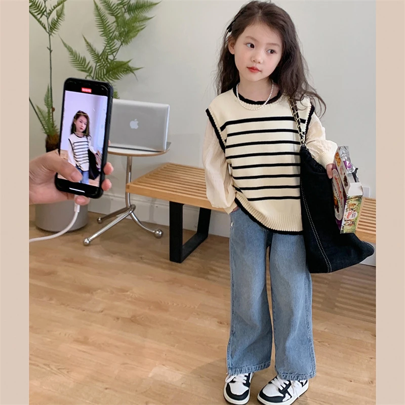 女童2025春秋新款时尚秋装中大童长袖外穿洋气条纹假两件针织上衣