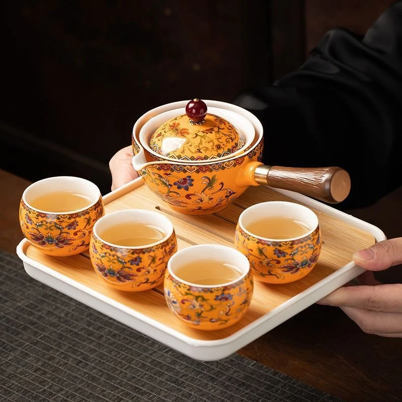 创意360°珐琅彩懒人逍遥壶泡茶壶陶瓷旋转旅行套功夫茶具礼盒