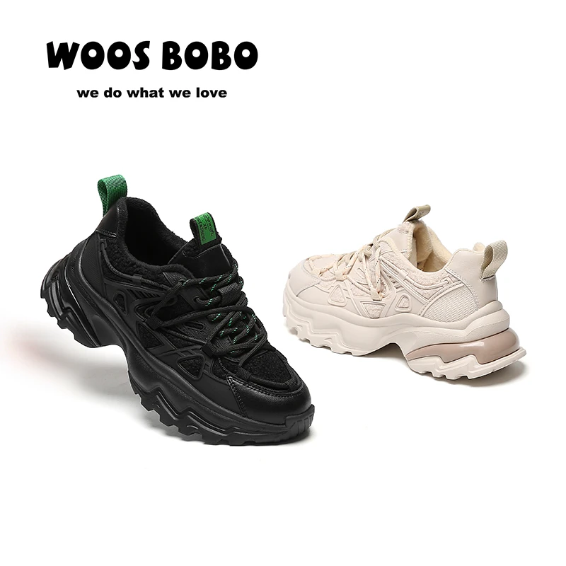 WOOS BOBO加绒老爹鞋女秋冬厚底增高休闲鞋 ins网红韩版休闲运动