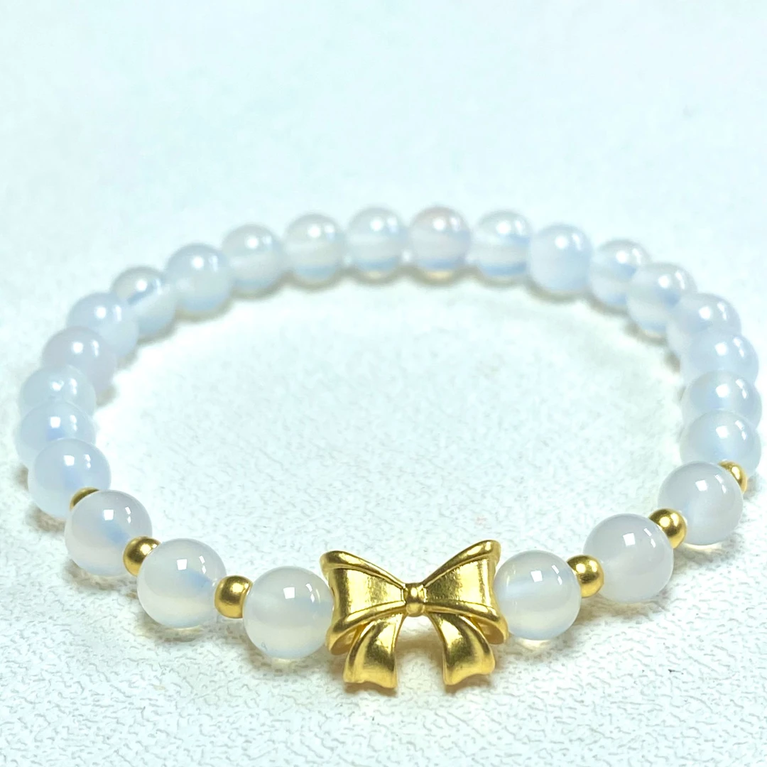 足金999直孔蝴蝶结+6颗卡3古法金珠搭白玛 瑙手串@@A382