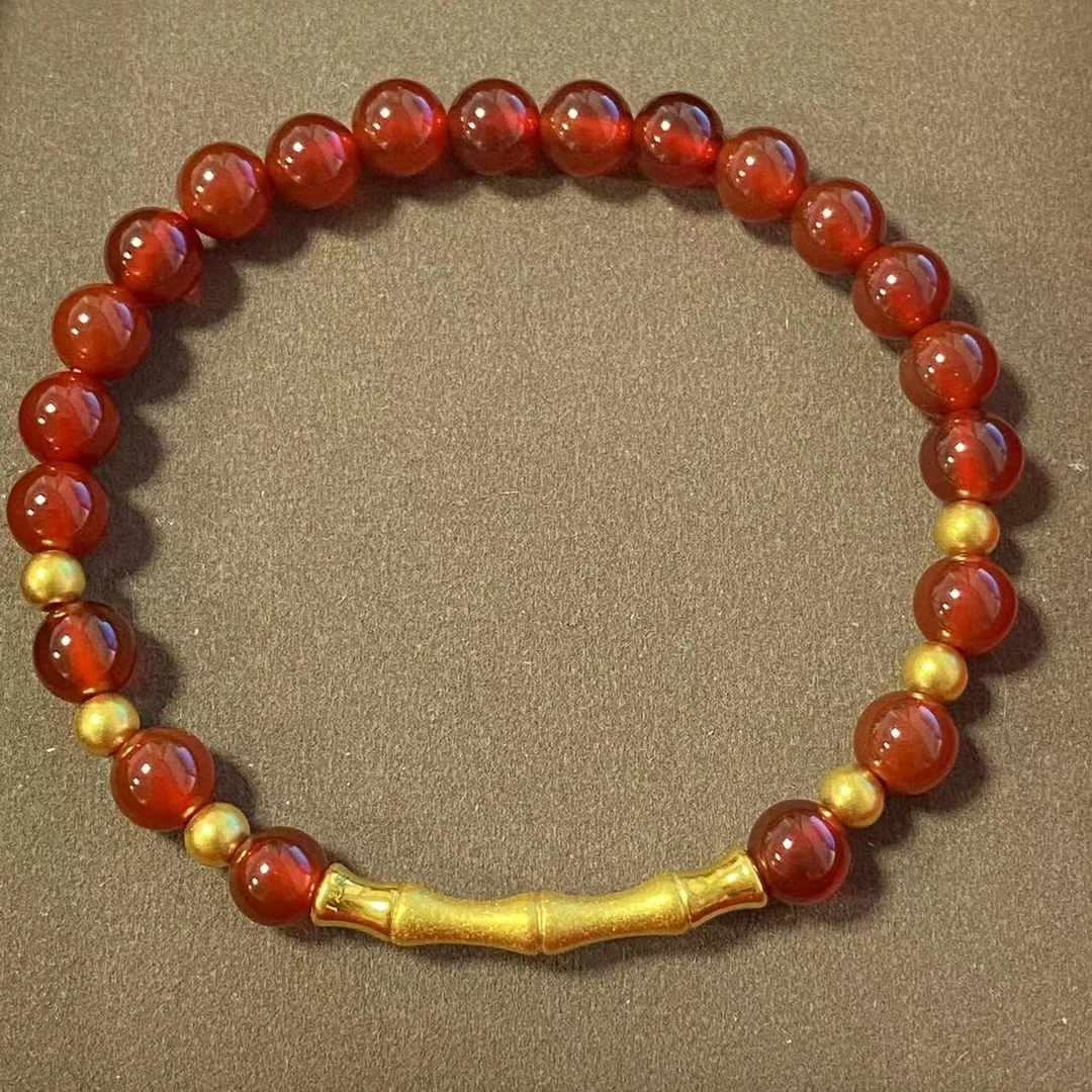 锦绣 足金999古法竹节+卡4古法6颗穿 红玛 瑙手串 A236