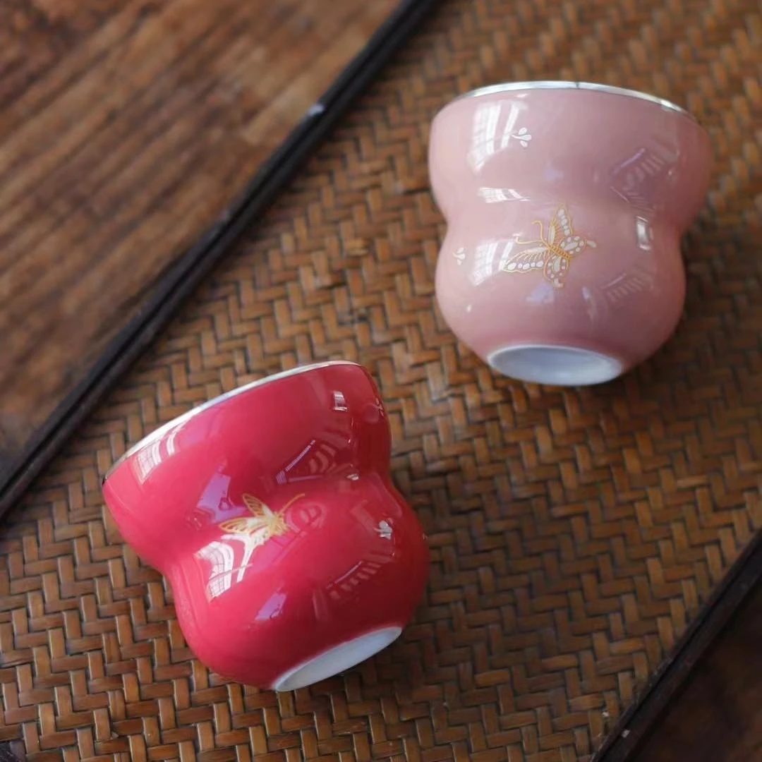 蝶舞花间 蝴蝶999足银瓷包银杯胭脂红粉色主人杯闻香杯品茗杯家用