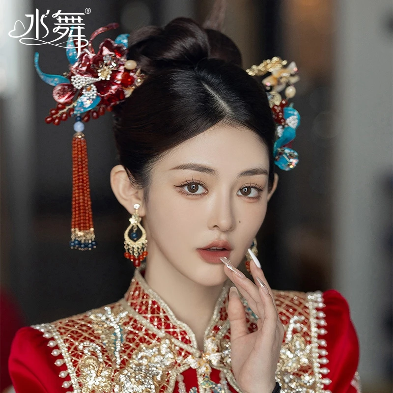 水舞U1680中式新娘红色串珠流苏发簪四件套秀禾新娘订婚婚礼头饰