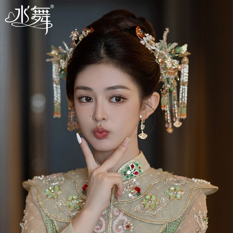 水舞U1679中式金色琉璃花朵发钗七件套古装秀禾新娘婚礼头饰