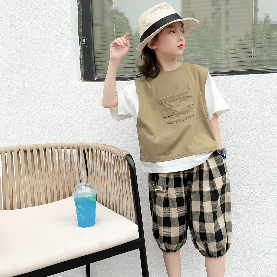 韩版洋气男宝宝套装假两件短袖时尚爆款格子裤套装潮宝时尚穿达