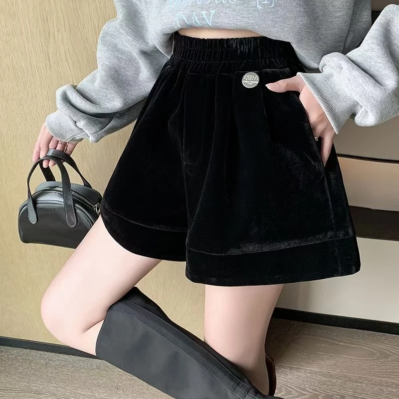 金丝绒休闲a字阔腿裤女秋冬2024秋冬新款松紧腰宽松百搭短裤靴裤