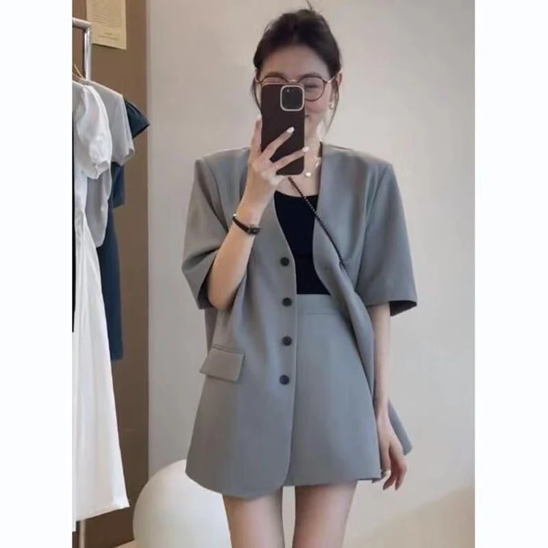 夏季西装短裙套装女2024新款休闲短袖外套薄款小个子西装两件套