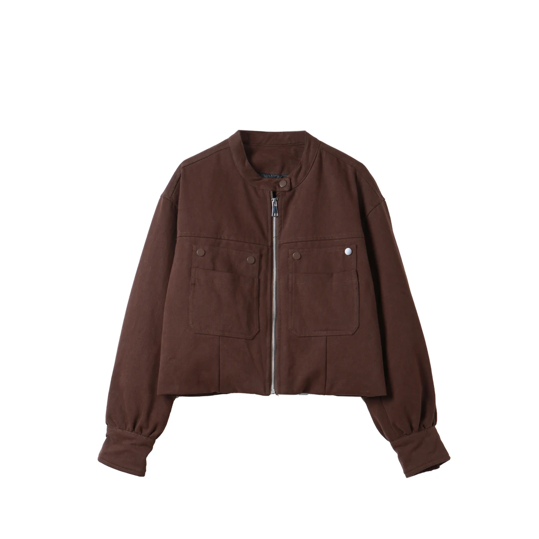 【蔡蔡专属】双口袋短款派克服外套女冬季新款工装风立领上衣SY127