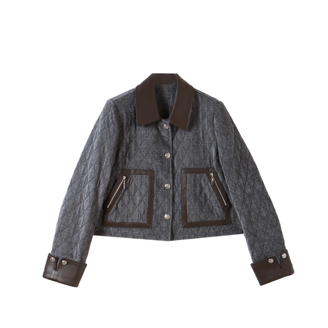 夹克女PU皮拼接上衣2024秋冬新款休闲翻领小香风外套短外套SY078