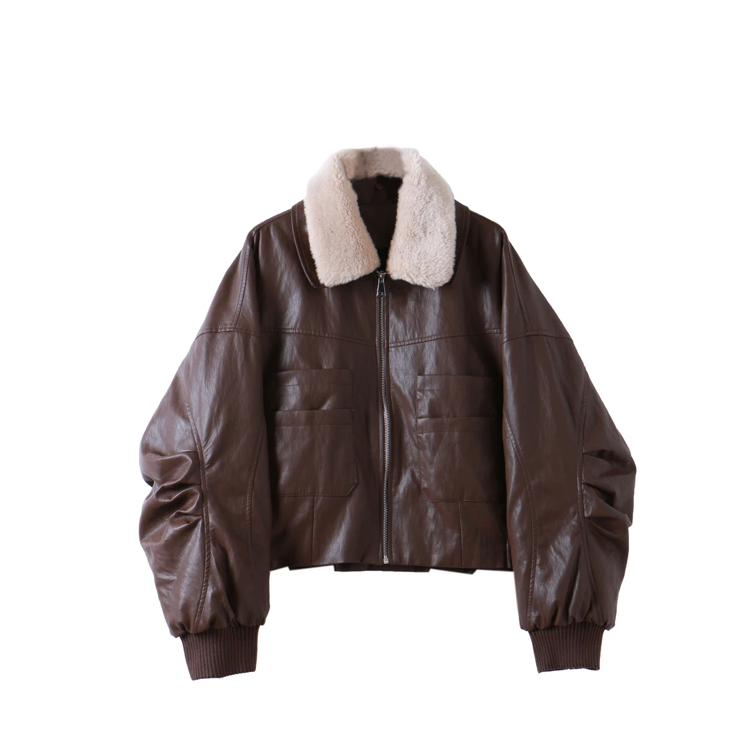 2024秋冬欧货羽绒服小个子毛领款PU皮休闲短外套女SY151