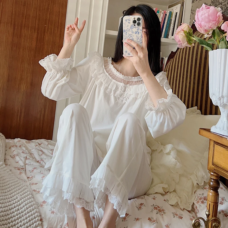 复古宫廷风甜美蕾丝公主花边纯棉纱布少女可外穿长袖女家居服套装