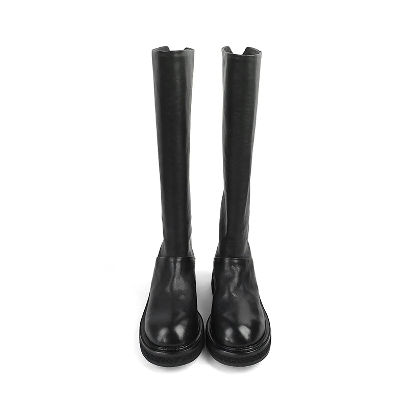 米兰秀场新款整张马皮水洗缩皱油蜡质感不过膝厚底高筒靴