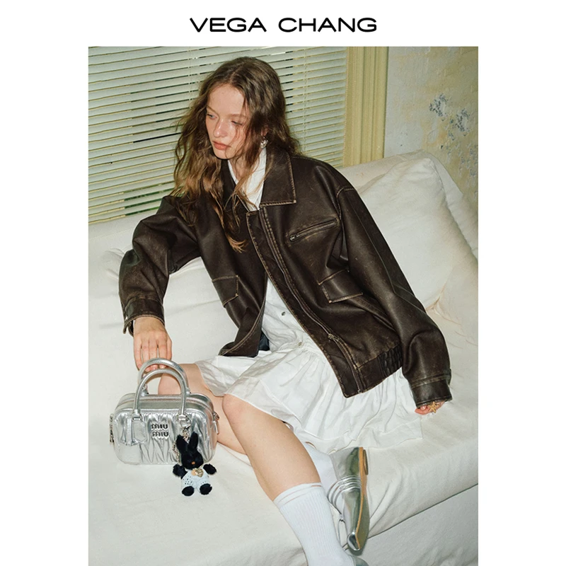 VEGA CHANG棕色皮衣女2024年秋季新款美式复古PU气质上衣