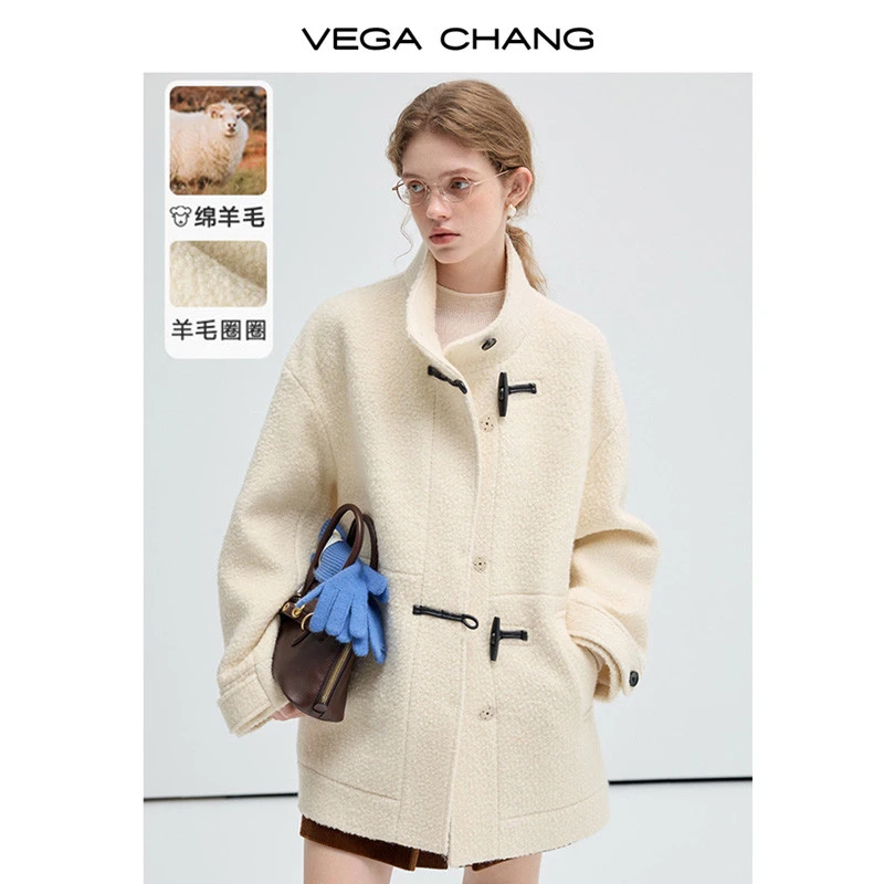 VEGA CHANG毛呢外套女2024秋冬新款立领牛角扣大衣