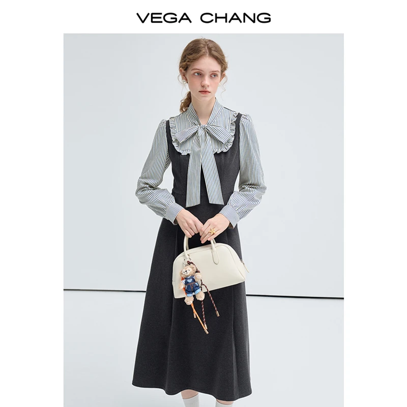 VEGA CHANG连衣裙女2024新款秋冬季法式长袖穿搭修身假两件裙子