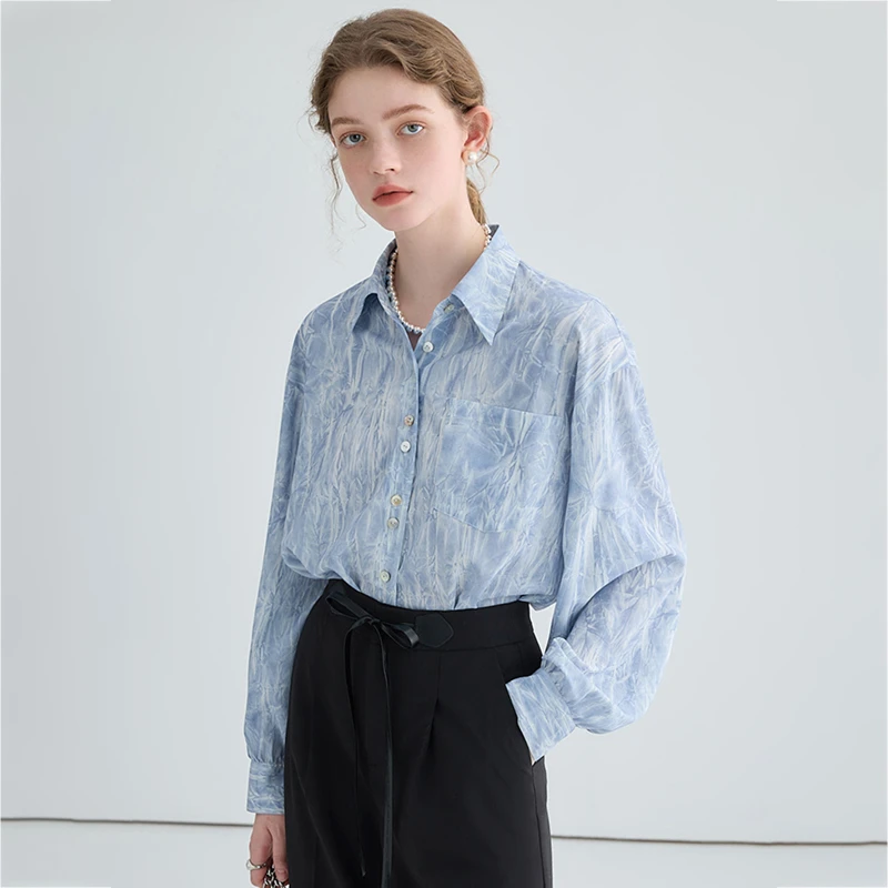 VEGA CHANG2024秋冬新款小众休闲时尚蓝色气质印花衬衫女长袖