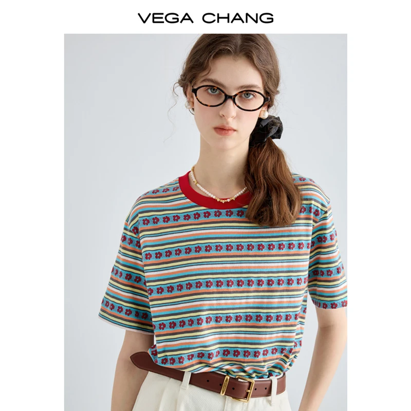 VEGA CHANG短袖T恤女2025夏季新款撞色彩色条纹圆领上衣8600SQ