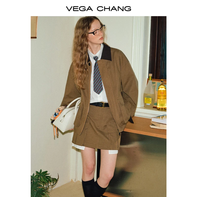 VEGA CHANG时尚套装女2024年秋季新款工装复古外套短裙老钱风