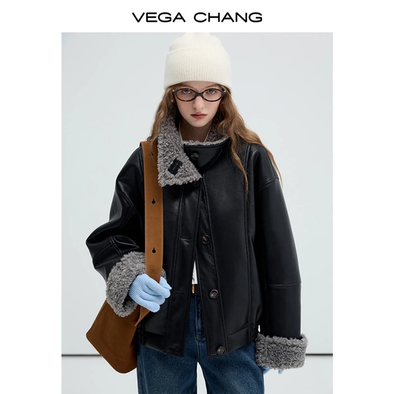 VEGA CHANG皮衣外套女2025秋冬新款翻领单排扣撞色皮毛一体0024JJ
