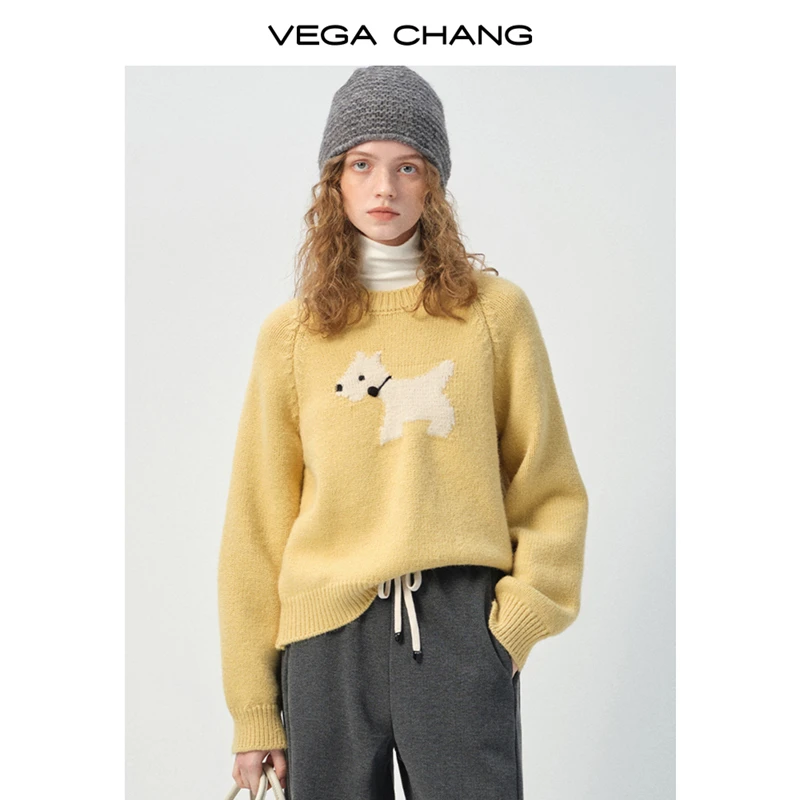 VEGA CHANG针织衫女2024年秋冬新款童趣艺术小狗欧若风上新毛衣