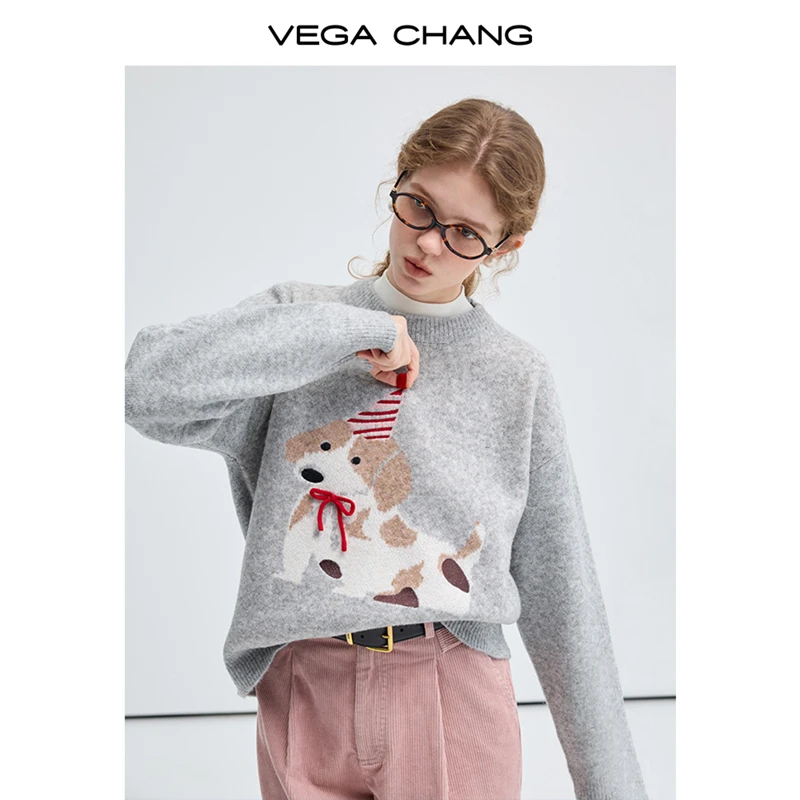 VEGA CHANG2024秋冬新款圣诞新年童趣小狗韩系减龄保暖爆款毛衣