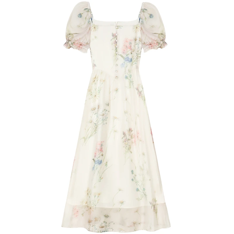 【福利款】连衣裙女2024年夏季新款法式方领气质减龄印花茶歇长裙