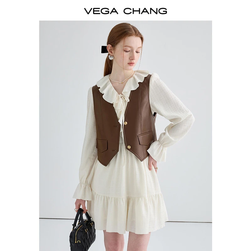 VEGA CHANG连衣裙女2025秋韩版ins复古显瘦荷叶边系带裙