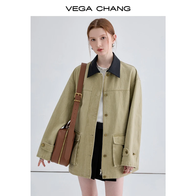 VEGACHANG上衣女外套24年设计感气质小个子翻领牛仔时尚秋女外套
