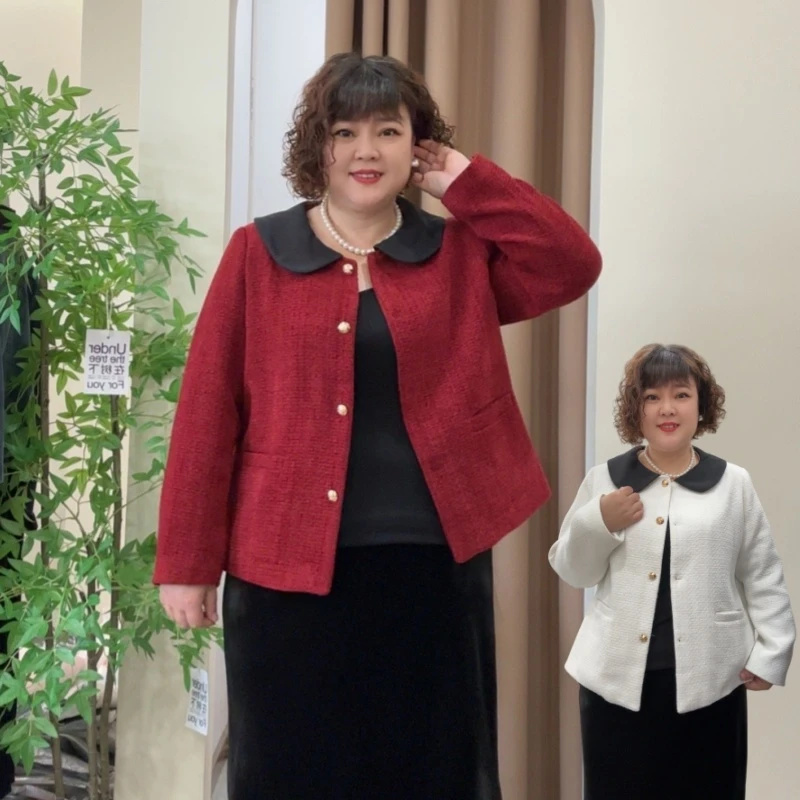 7183名媛气质小香风短外套胖mm大码时尚复古翻领短款娃娃领上衣潮