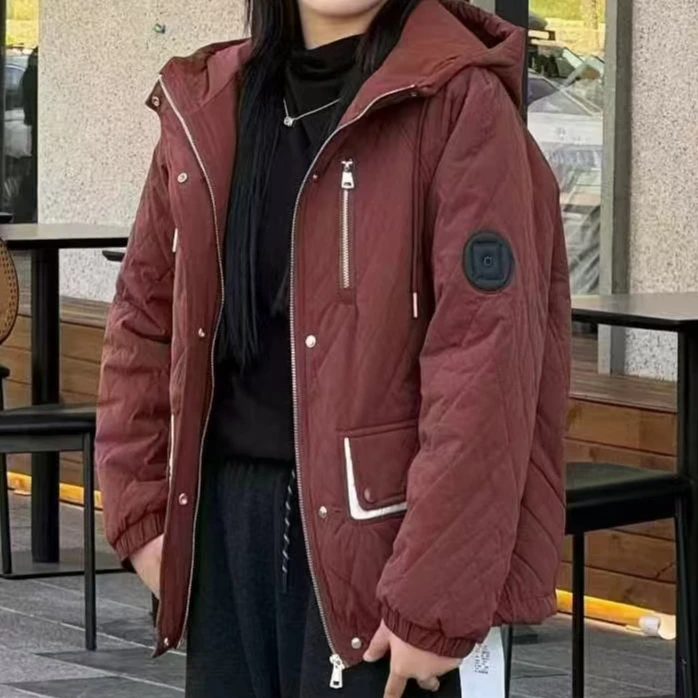 9927连帽菱格压花棉服胖mm大码女装休闲时尚加厚保暖短款棉衣外套