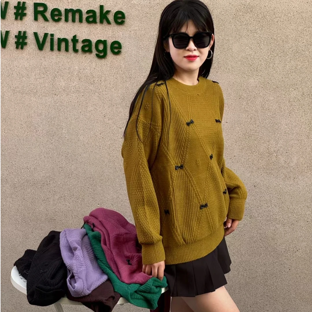 圆领菱格小蝴蝶结毛衣冬胖mm宽松慵懒风甜美长袖套头打底针织上衣