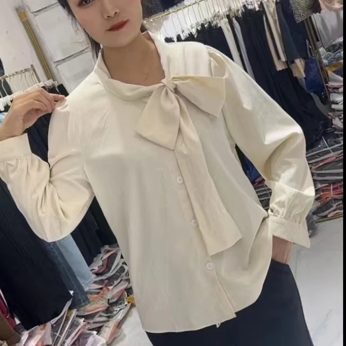 7163气质蝴蝶结长袖衬衫女秋季新款胖MM大码设计感复古洋气上衣潮