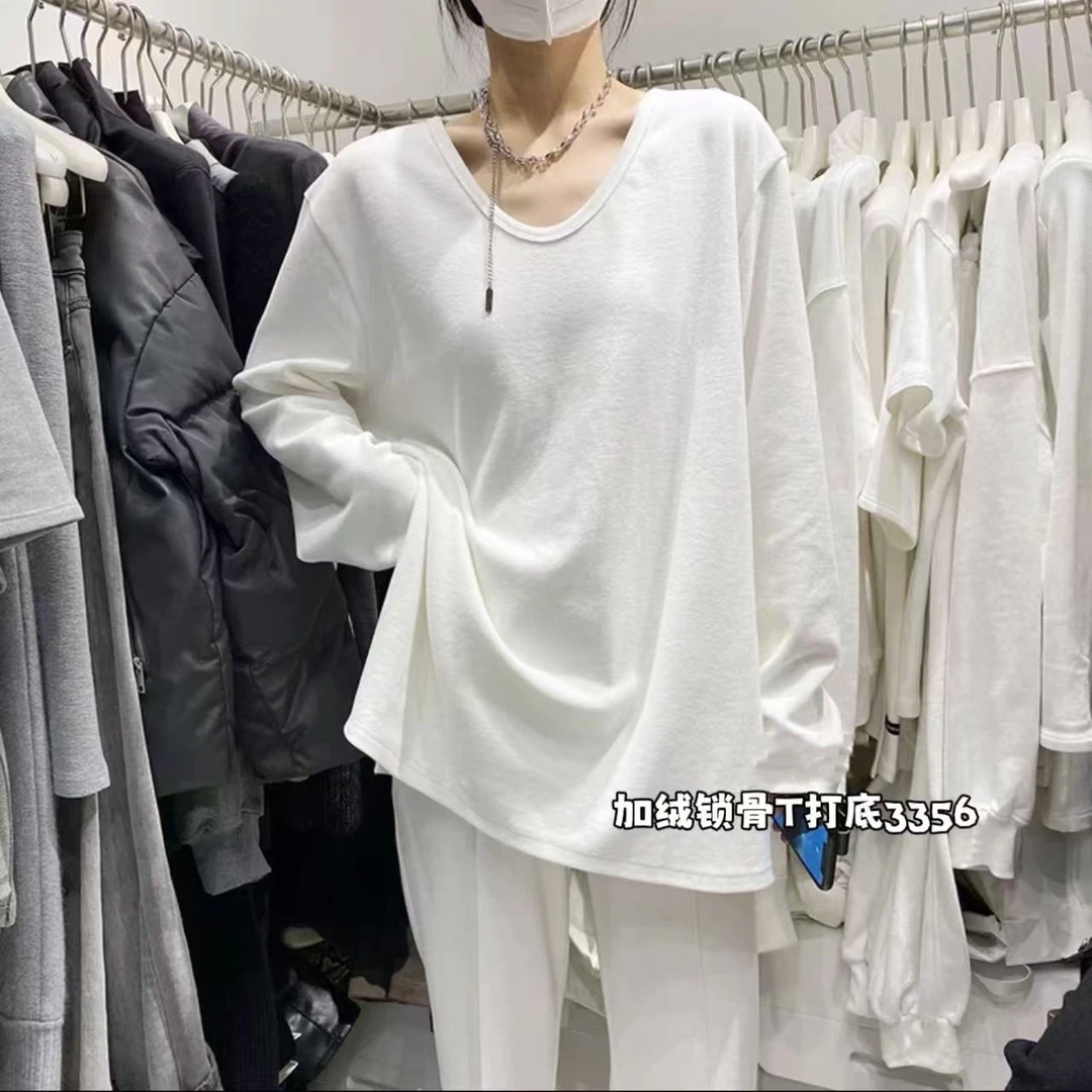3356圆领白色长袖打底T恤衫胖mm大码休闲百搭开叉简约纯色不规则