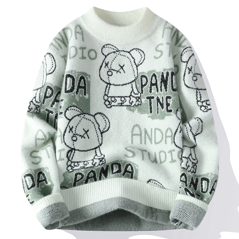 青少年毛衣男半高领一体绒加厚保暖打底针织衫冬季学生卡通内搭衫