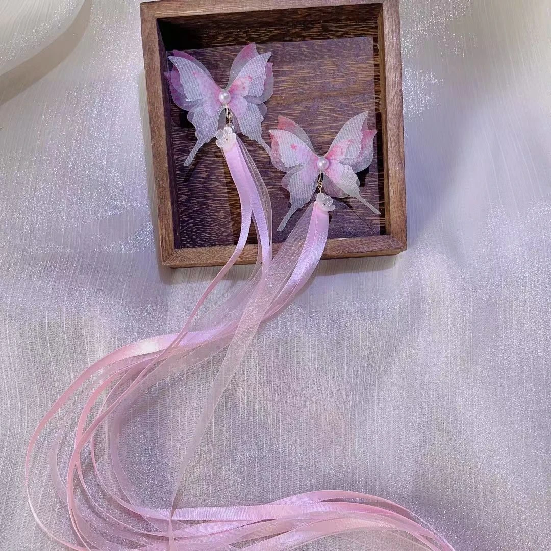 古风超仙薄纱绿色系多层蝴蝶发夹儿童汉服手工发夹飘带发卡d-18