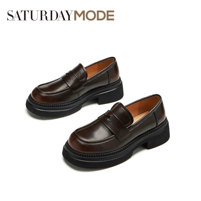 SATURDAYMODE春季新款英伦风真皮2024年圆头厚底乐福鞋女鞋时尚女