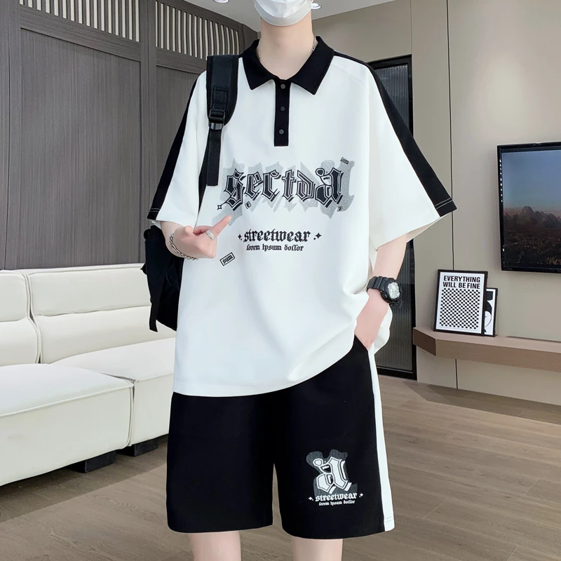 夏季新款青少年中学生男帅气圆领上衣短裤短袖两件套潮流运动套装