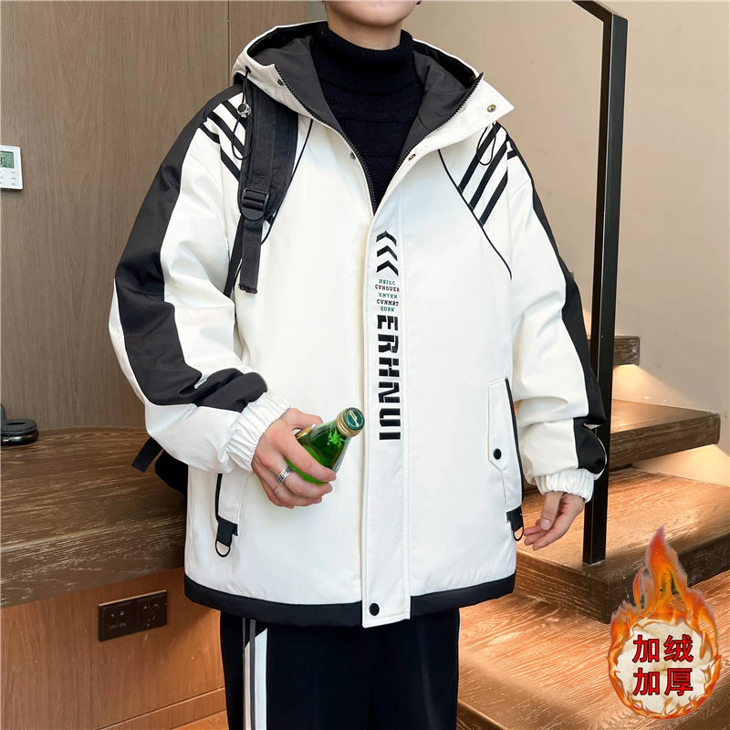 秋冬季新款青少年学生潮流港风连帽男生加绒加厚休闲保暖夹克外套