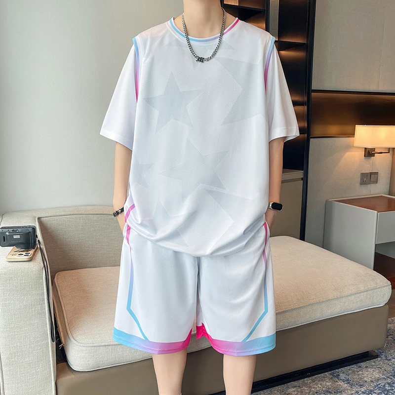 夏季新款青少年学生短袖短裤透气速干帅气圆领篮球服休闲运动套装
