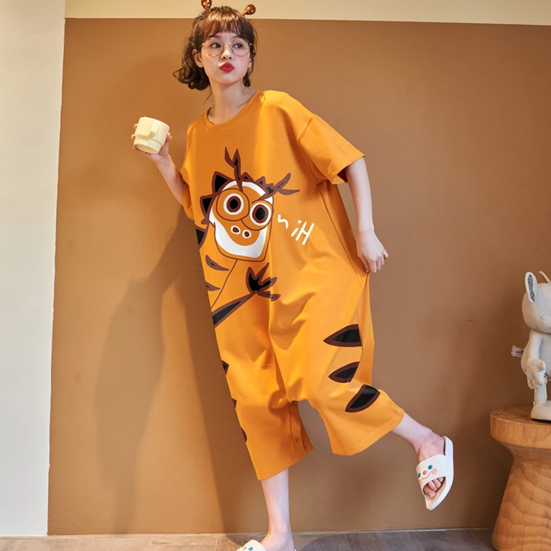 睡衣女款夏季纯棉短袖连体宽松大码长款睡裙可爱卡通家居服可外穿