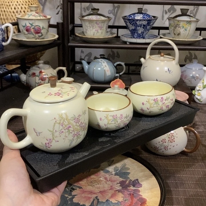 奶黄汝窑紫藤花茶壶一壶2杯罗汉杯50ml带茶盘小套装家用办公户外