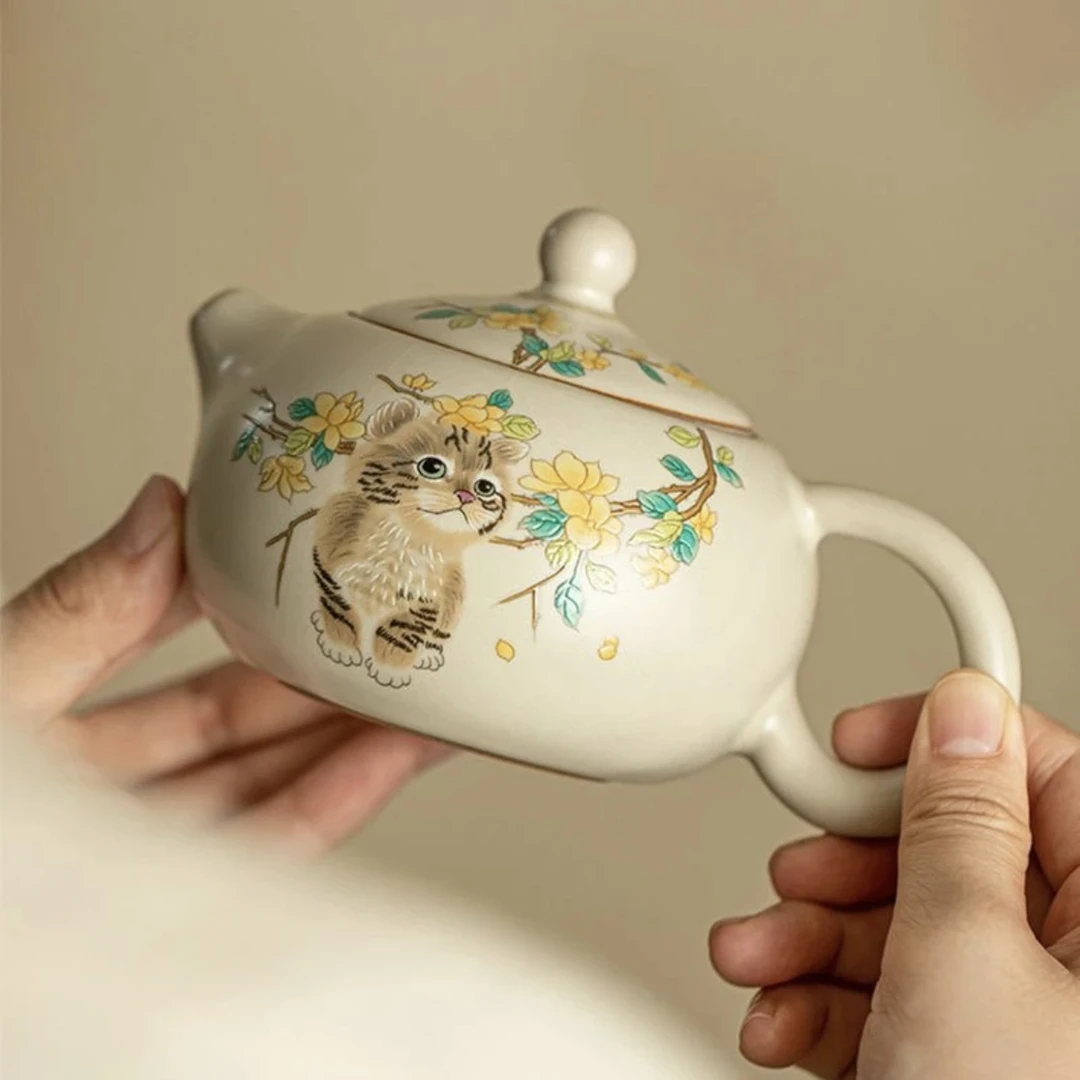古道源新款汝窑米黄猫咪海棠花经典壶泡茶壶西施茶壶可养可开片
